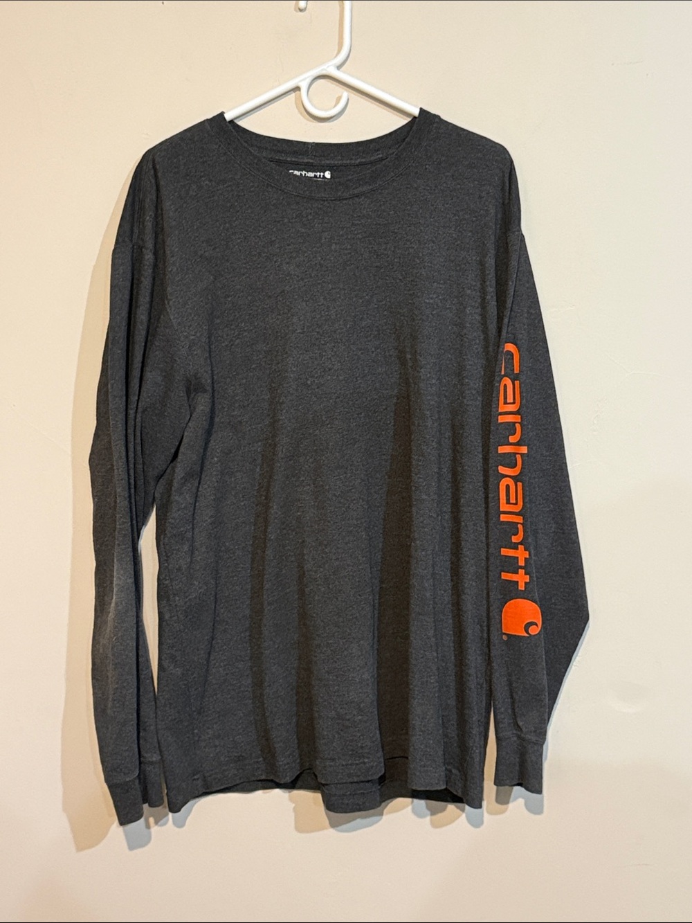 Carhartt Dark Gray Long Sleeve Tee with Orange Sleeve Logo